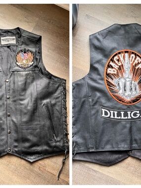 Men’s Leather Motorcycle Vest Size 50 Black Patches